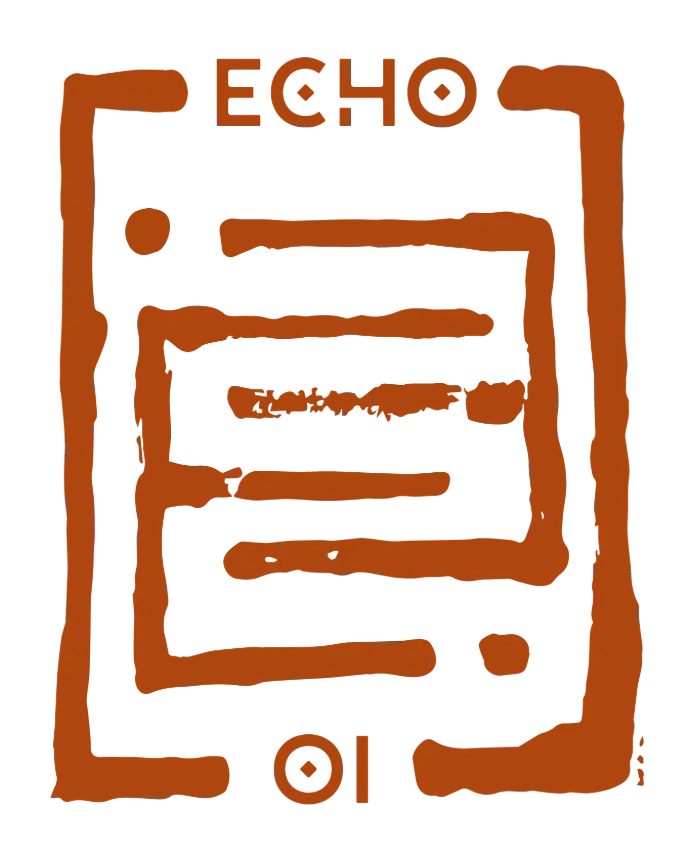 Logo Echo Oi, de couleur rouille sur fond transparent, avec un "E" en miroir symbolisant le processus créatif.